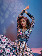 Myra Blue Natural Crepe Printed Embroidered Gown - Distacart
