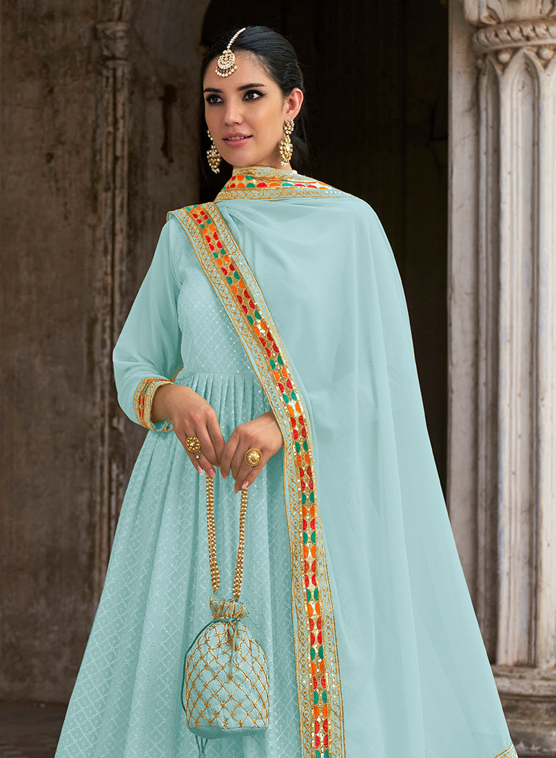 Monjolika Fashion Sky Blue Color Georgette Embroidered Floor Length Anarkali Suit - Distacart