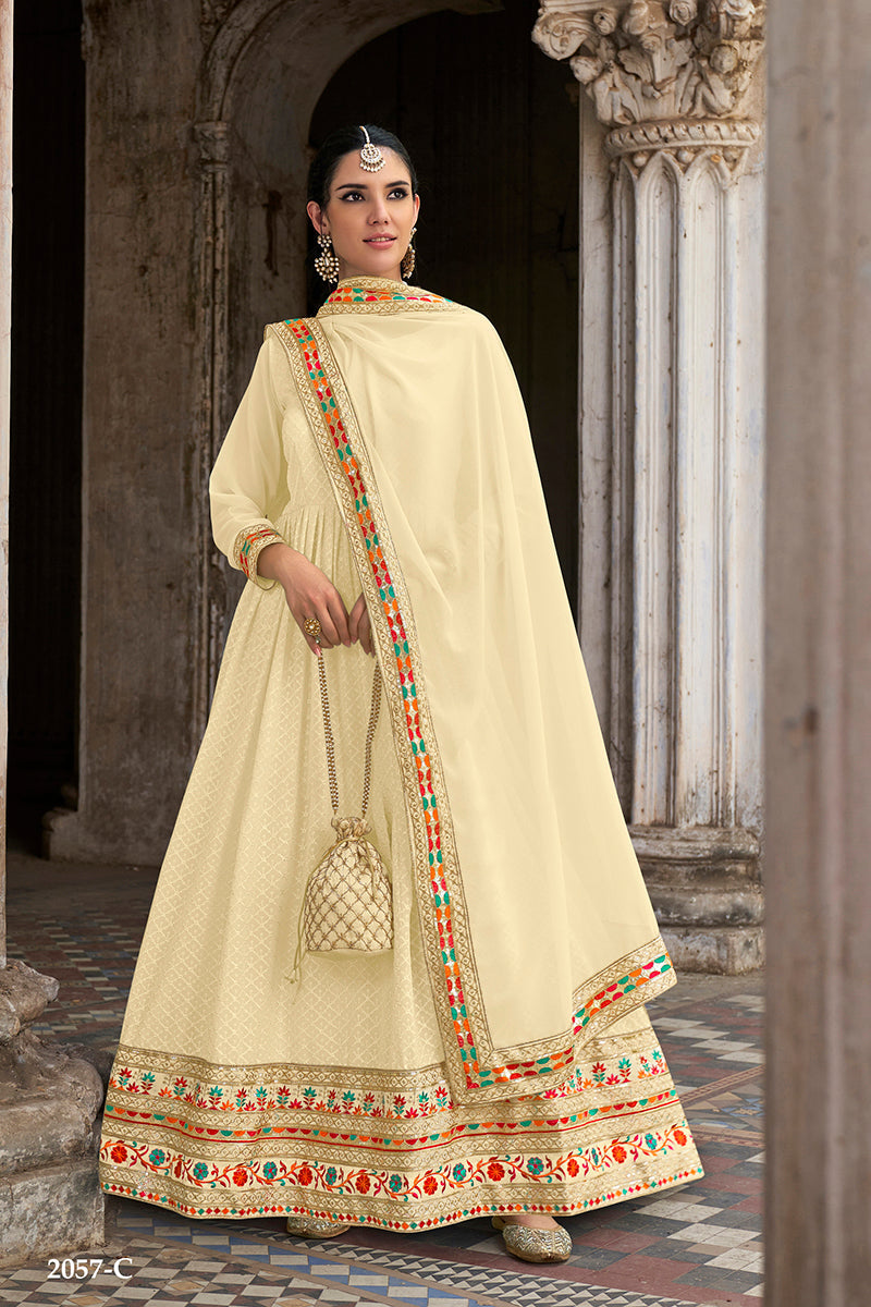 Monjolika Fashion Cream Color Georgette Embroidered Floor Length Anarkali Suit - Distacart