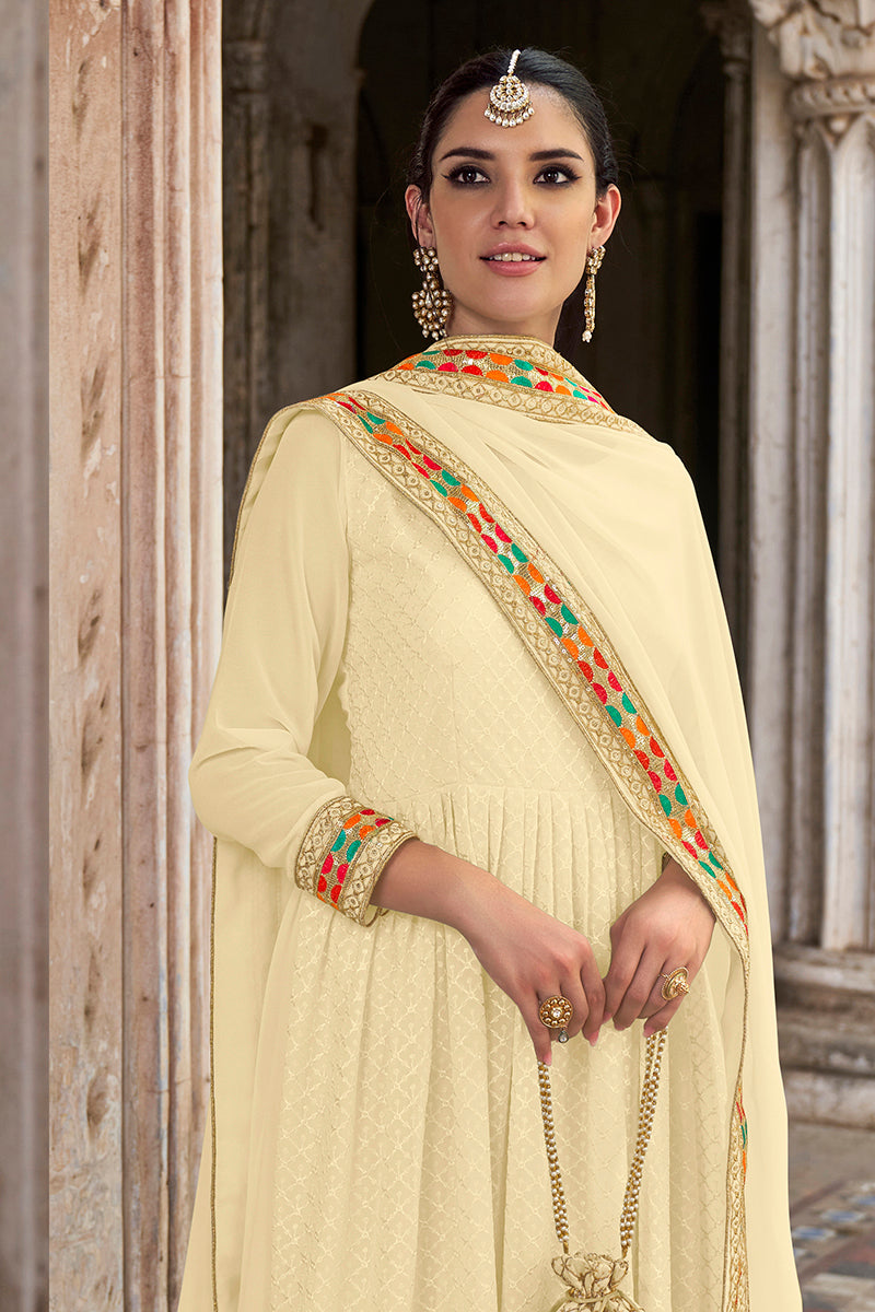 Monjolika Fashion Cream Color Georgette Embroidered Floor Length Anarkali Suit - Distacart