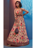 Myra Peach Natural Crepe Printed Embroidered Gown - Distacart