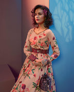 Myra Peach Natural Crepe Printed Embroidered Gown - Distacart