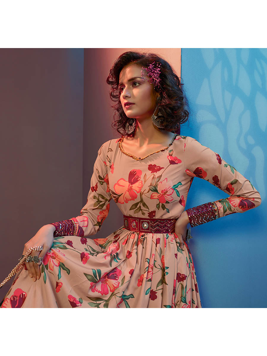 Myra Peach Natural Crepe Printed Embroidered Gown - Distacart