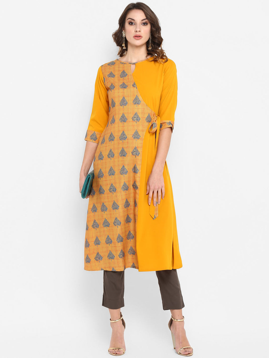 Janasya Mustard Yellow & Blue Printed A-Line Kurta - Distacart