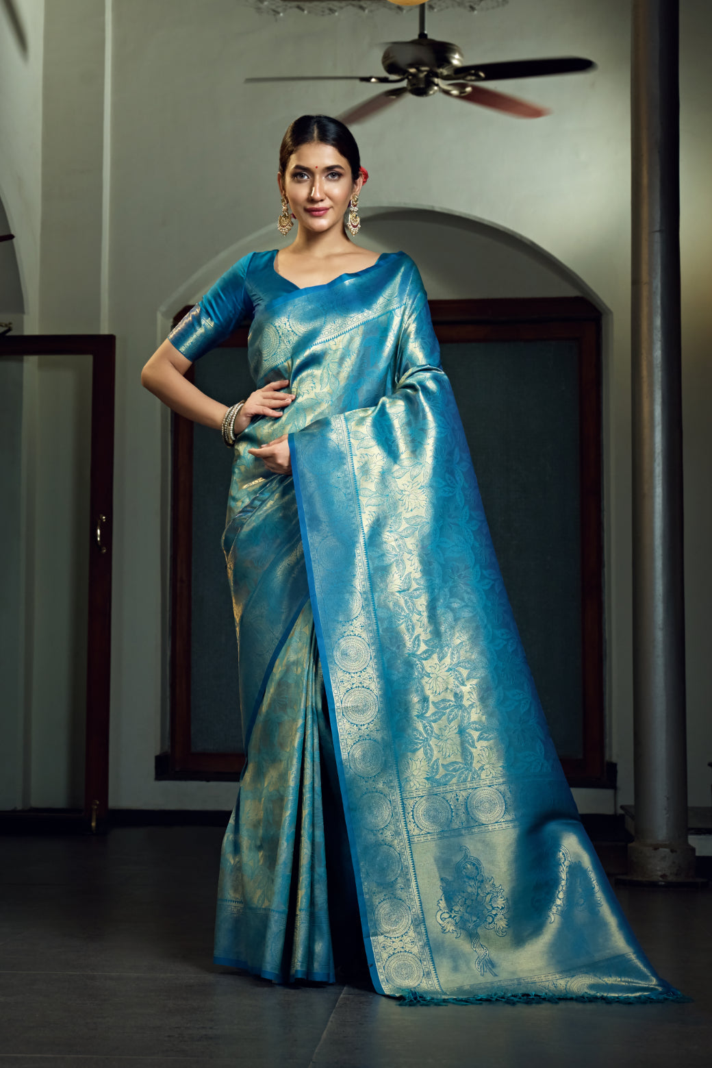 Vardha Sky Blue Zari Work Kanjeevaram Silk Saree