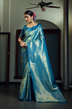 Vardha Sky Blue Zari Work Kanjeevaram Silk Saree