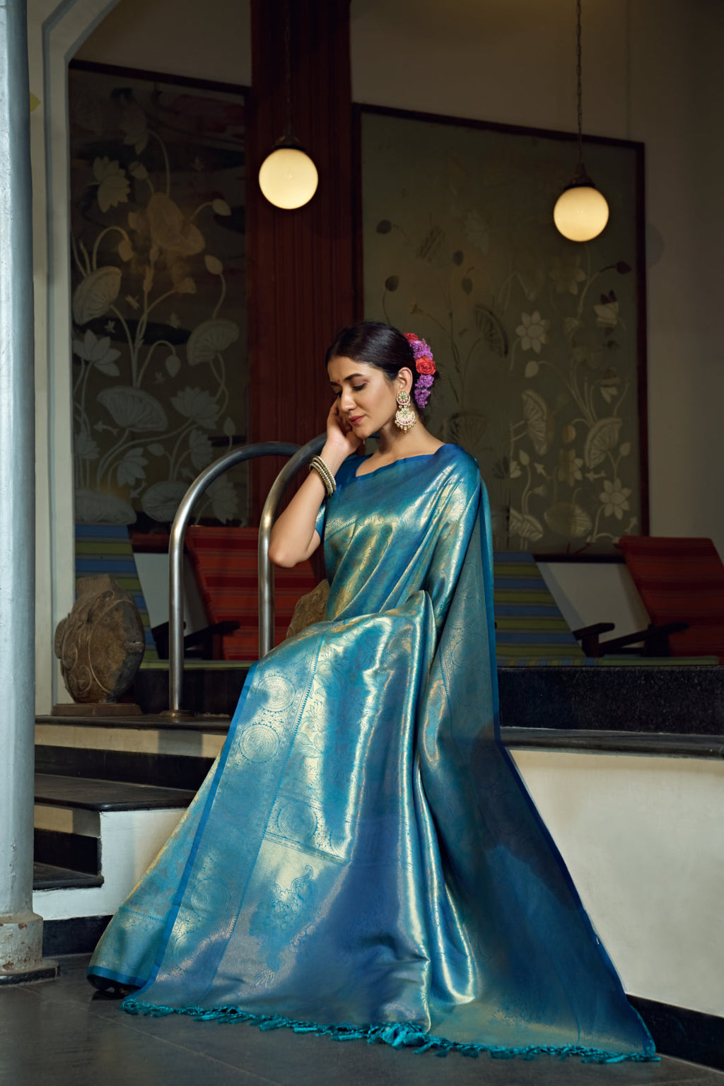 Vardha Sky Blue Zari Work Kanjeevaram Silk Saree