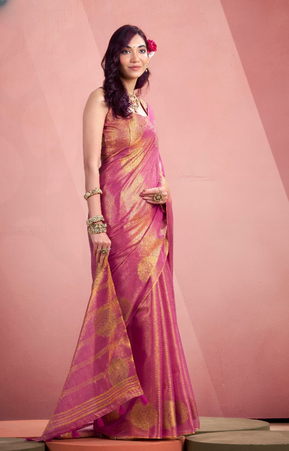 Anaita Magenta Silk Tissue Zari Weaving Work Saree With Blouse Piece - Distacart