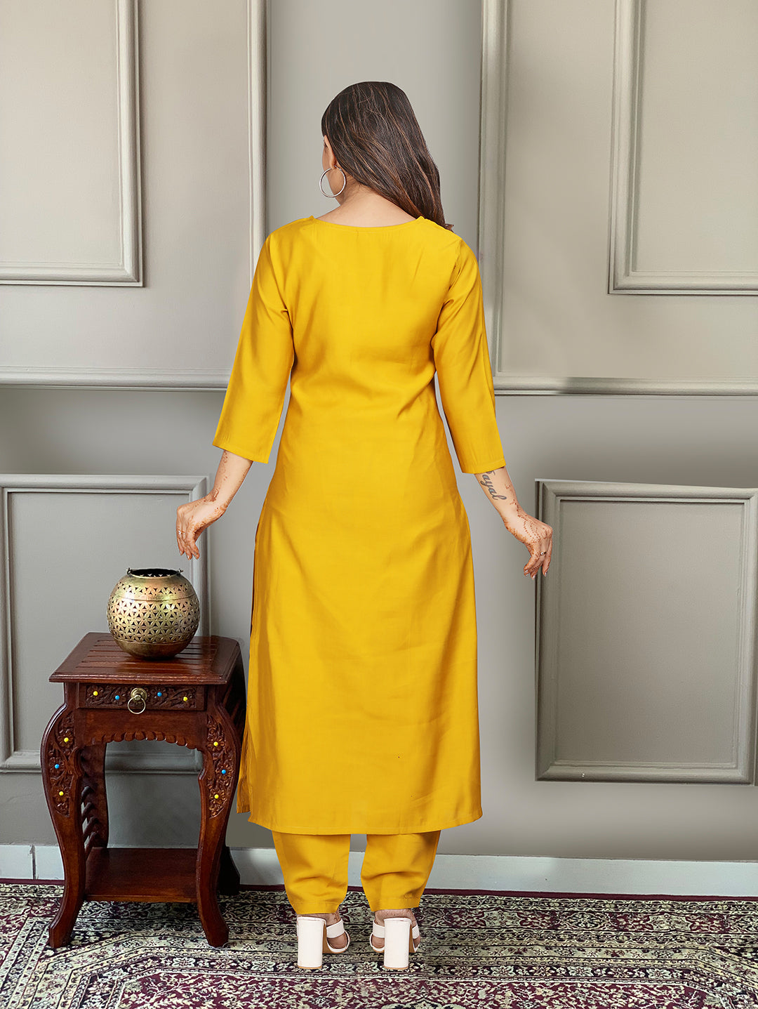 The52 Yellow Embroidered Viscose Fabric Straight Kurta, Pant and Dupatta Set
