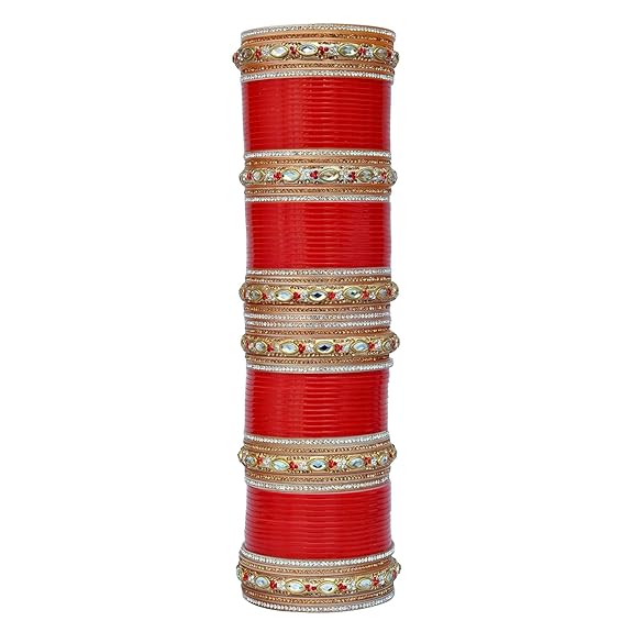 Tehzeeb Creations Bridal Bangle Set Red Golden & White Stone Chura Designer Fashion Choora Punjabi Chuda Set - Distacart