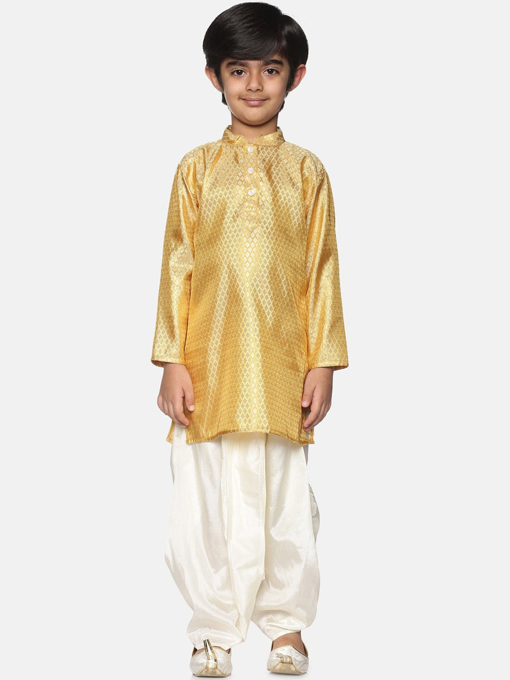 Sethukrishna Boys Gold-Toned & Off White Woven Design Kurta with Dhoti Pants