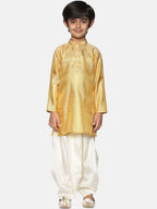 Sethukrishna Boys Gold-Toned & Off White Woven Design Kurta with Dhoti Pants