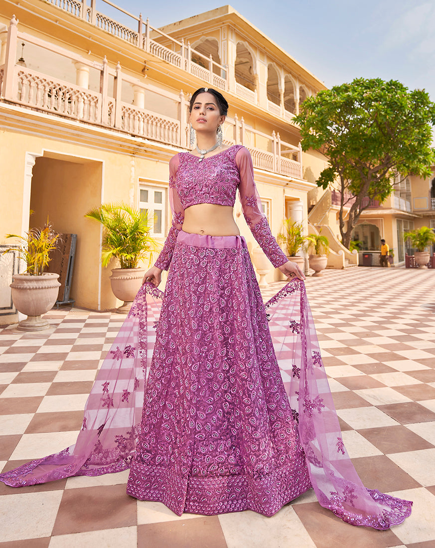 Monjolika Fashion Pink Color Net Zarkhan Work Heavy Lehenga Choli