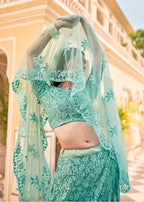 Monjolika Fashion Sky blue Color Net Zarkhan Work Heavy Lehenga Choli