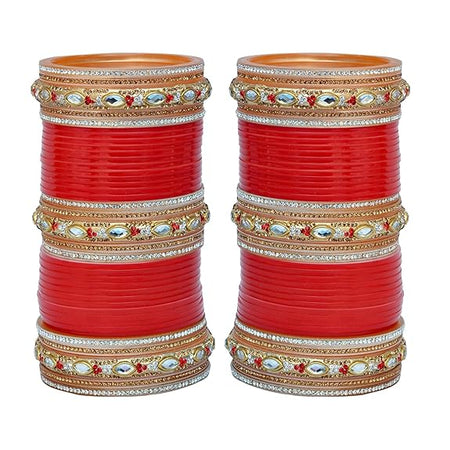 Tehzeeb Creations Bridal Bangle Set Red Golden & White Stone Chura Designer Fashion Choora Punjabi Chuda Set