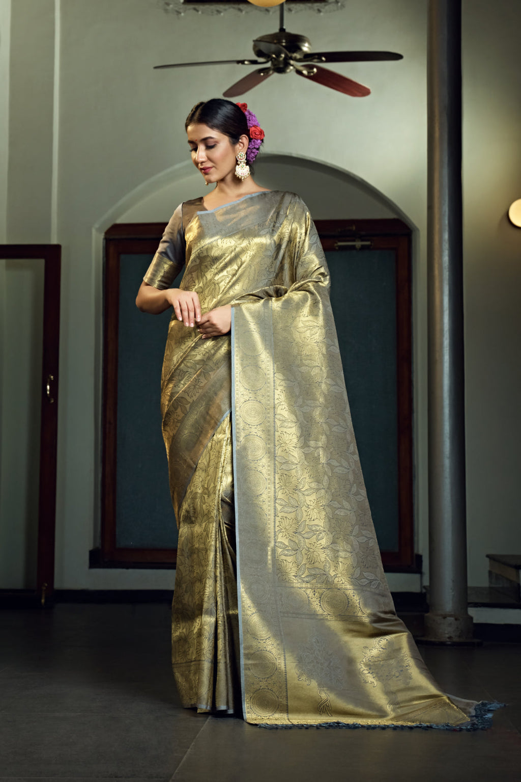 Vardha Platinumm Grey Zari Work Kanjeevaram Silk Saree