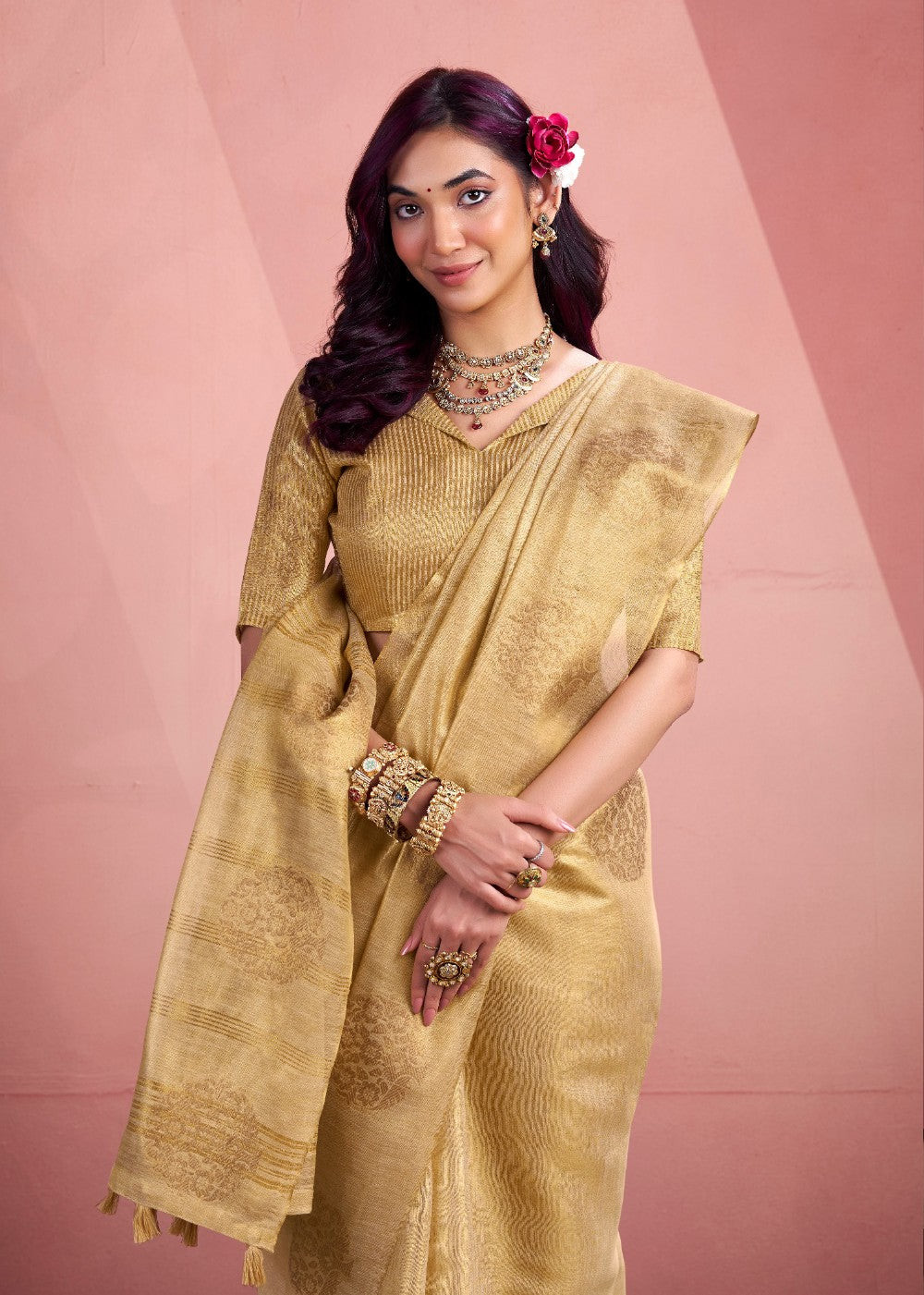 Anaita Beige Silk Tissue Zari Weaving Work Saree With Blouse Piece - Distacart