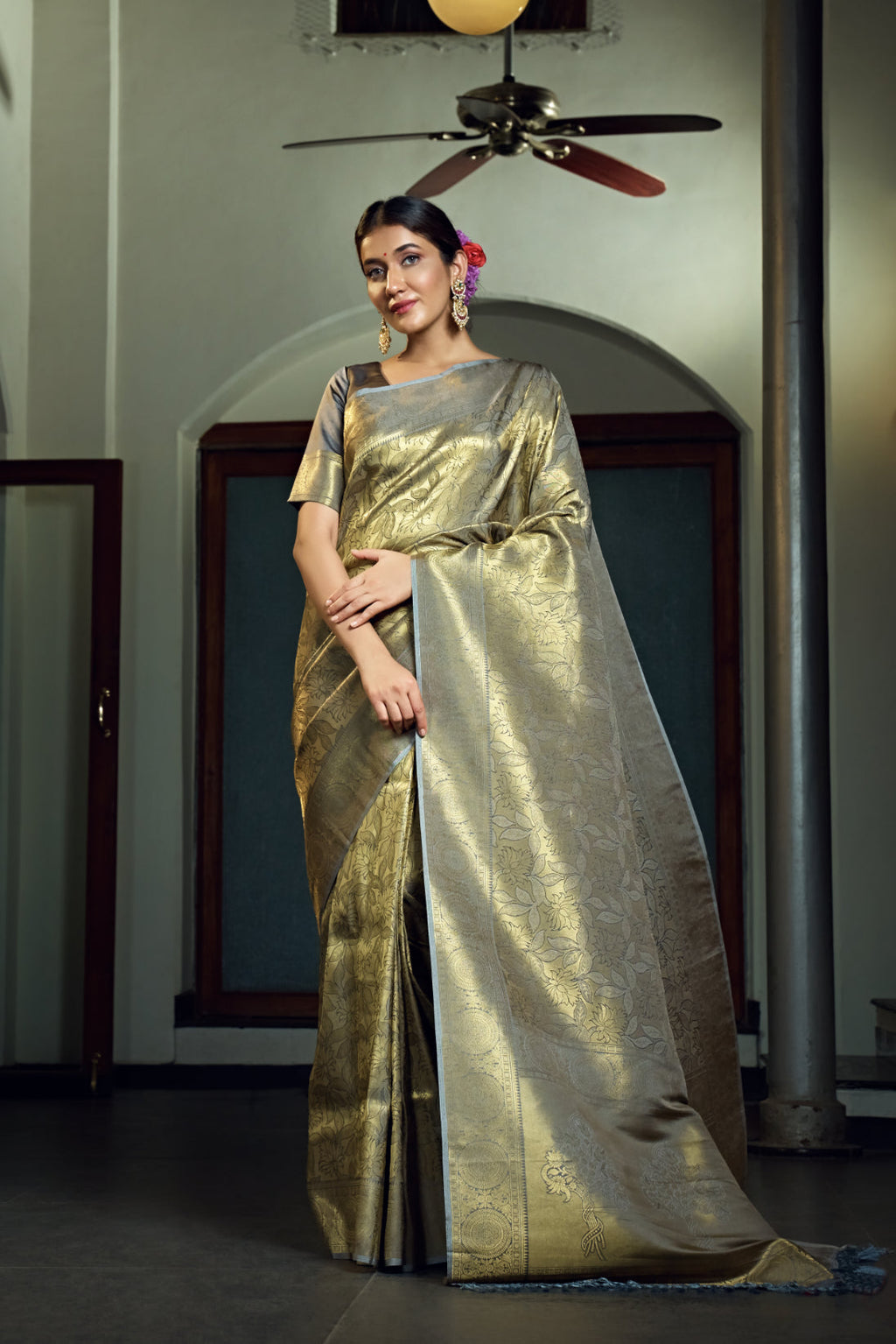 Vardha Platinumm Grey Zari Work Kanjeevaram Silk Saree