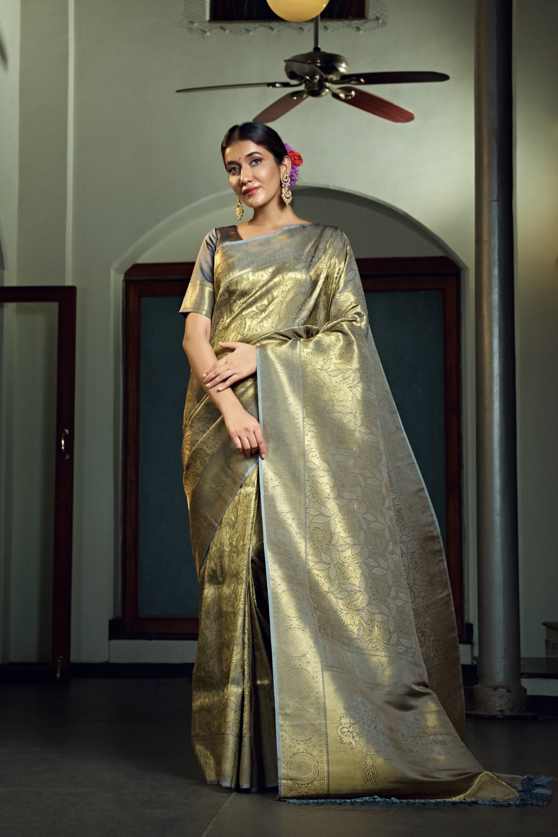 Vardha Platinumm Grey Zari Work Kanjeevaram Silk Saree
