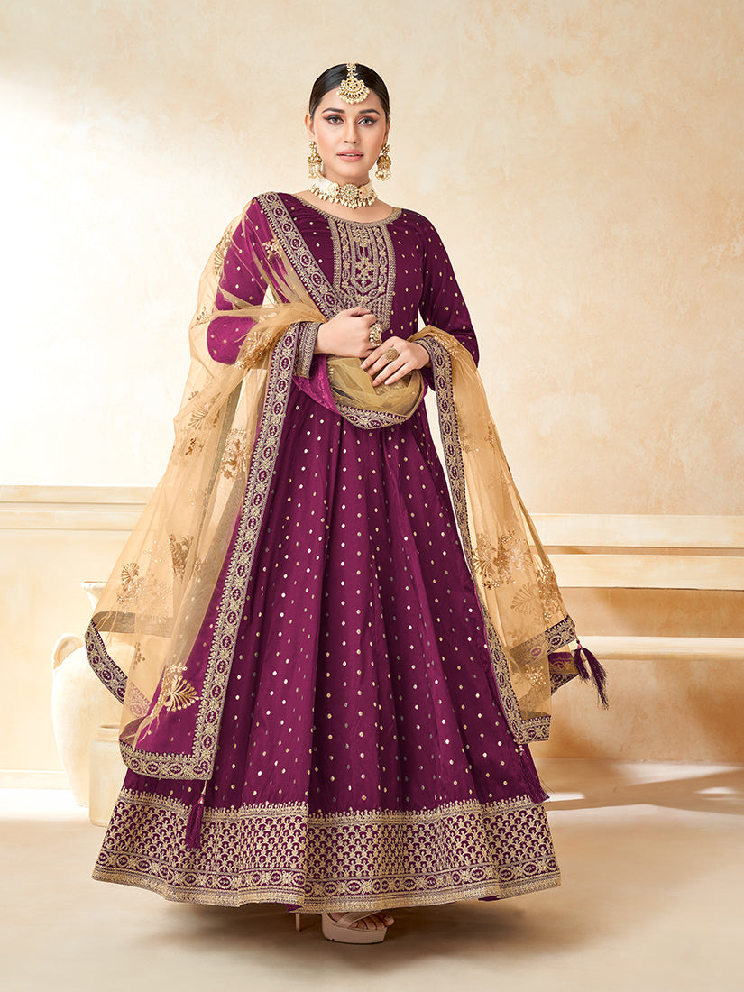 Monjolika Fashion Purple Color Taffeta Silk Embroidered Anarkali Suit - Distacart