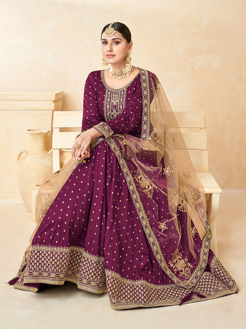 Monjolika Fashion Purple Color Taffeta Silk Embroidered Anarkali Suit - Distacart