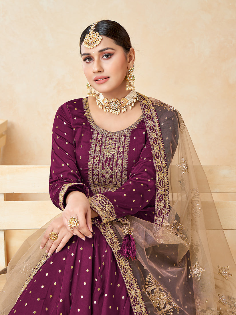 Monjolika Fashion Purple Color Taffeta Silk Embroidered Anarkali Suit - Distacart