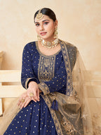 Monjolika Fashion Navy Blue Color Taffeta Silk Embroidered Anarkali Suit - Distacart