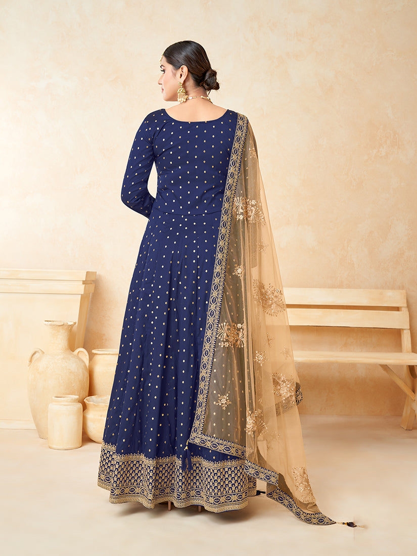 Monjolika Fashion Navy Blue Color Taffeta Silk Embroidered Anarkali Suit - Distacart