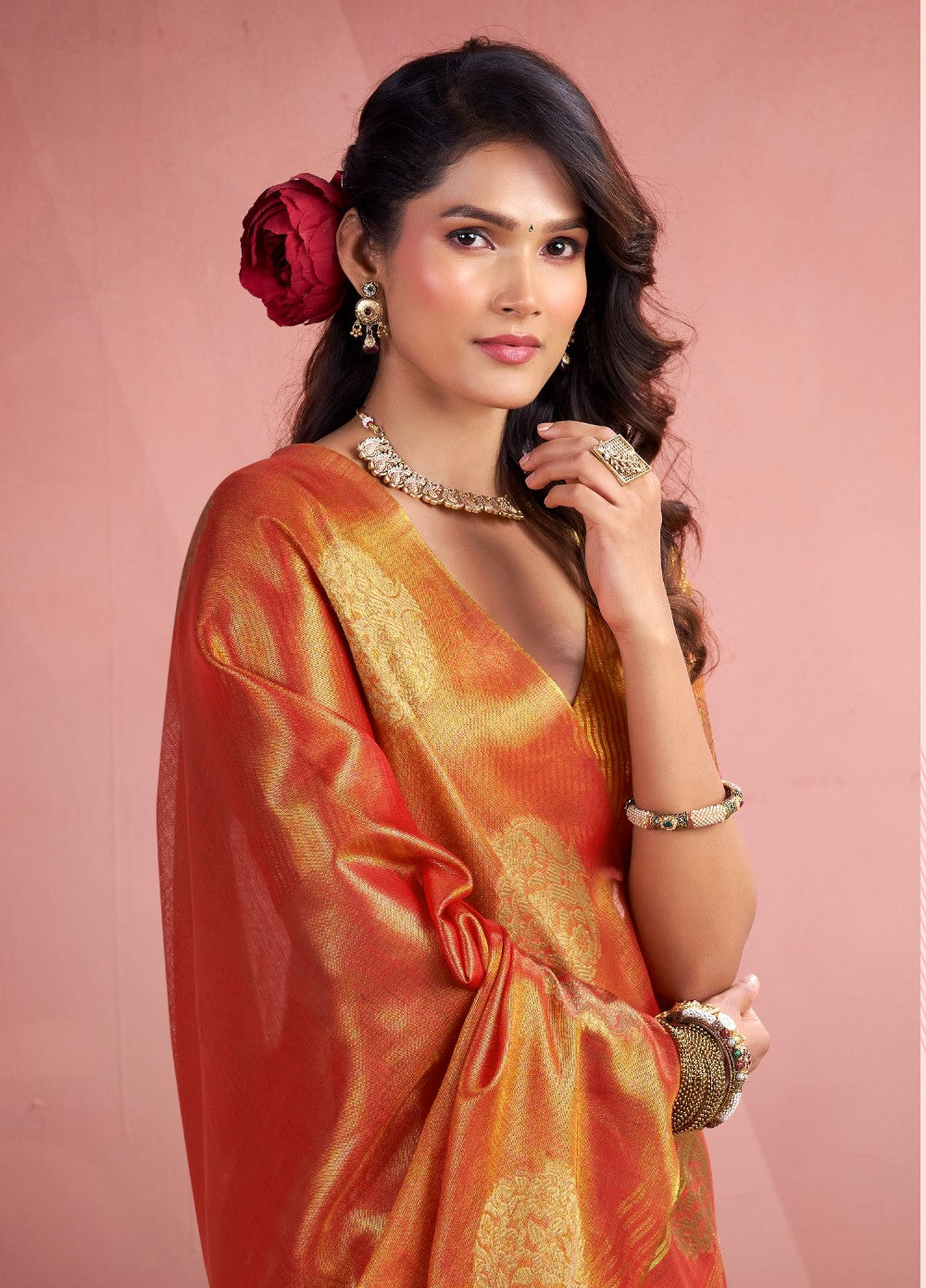 Anaita Orange Silk Tissue Zari Weaving Work Saree With Blouse Piece - Distacart