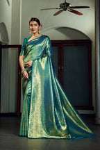 Vardha Teal Green Golden Zari Paisleys With Jaal Kanjeevaram Silk Saree