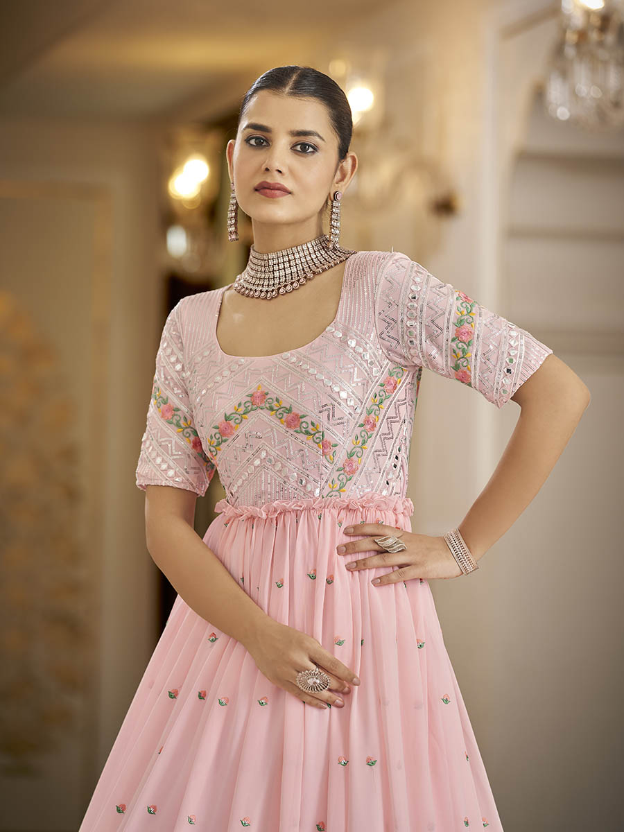 Myra Pink Georgette Embroidered Gown - Distacart