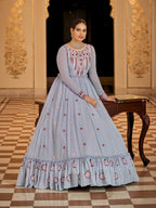 Myra Light Blue Georgette Embroidered Gown - Distacart