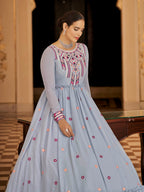 Myra Light Blue Georgette Embroidered Gown - Distacart
