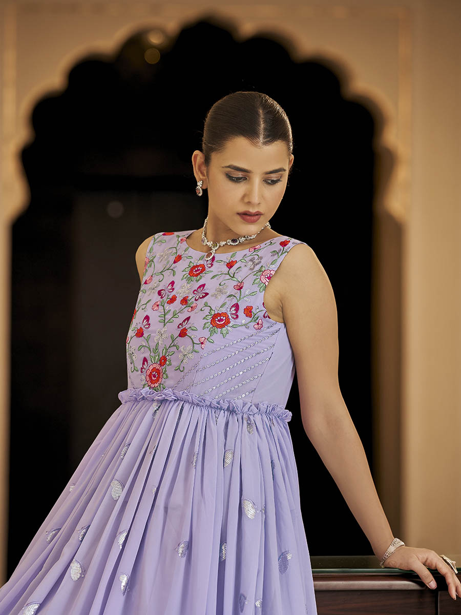 Myra Lavender Georgette Embroidered Gown - Distacart