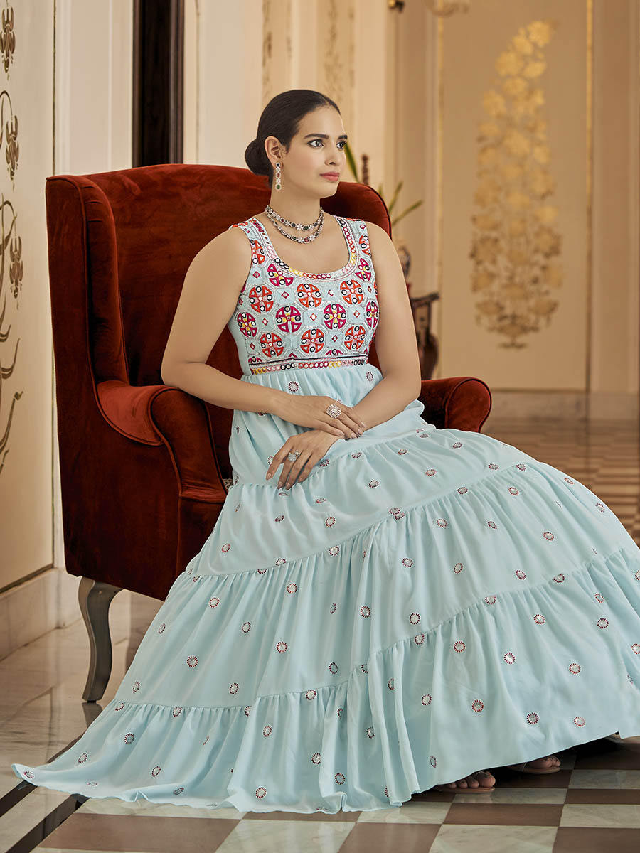 Myra Sky Blue Georgette Embroidered Gown - Distacart