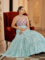 Myra Sky Blue Georgette Embroidered Gown - Distacart