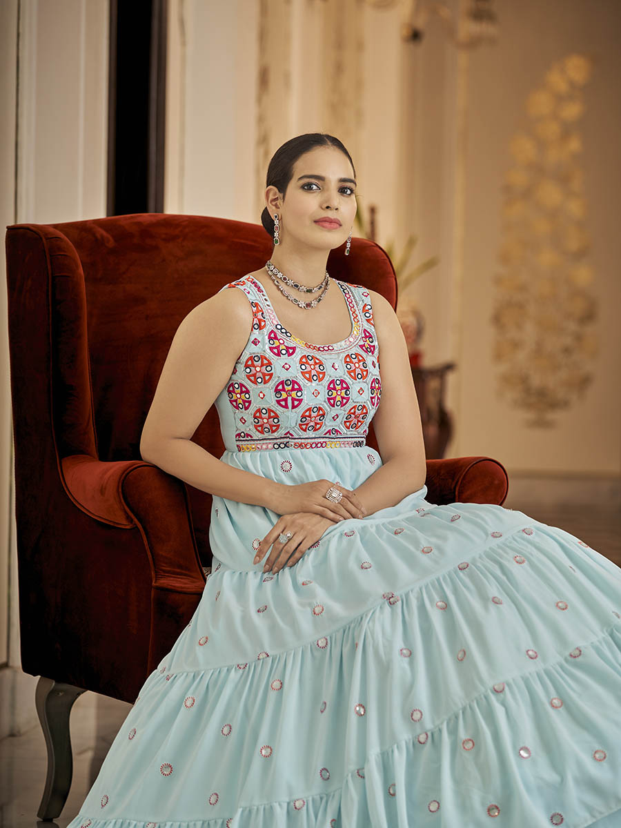 Myra Sky Blue Georgette Embroidered Gown - Distacart