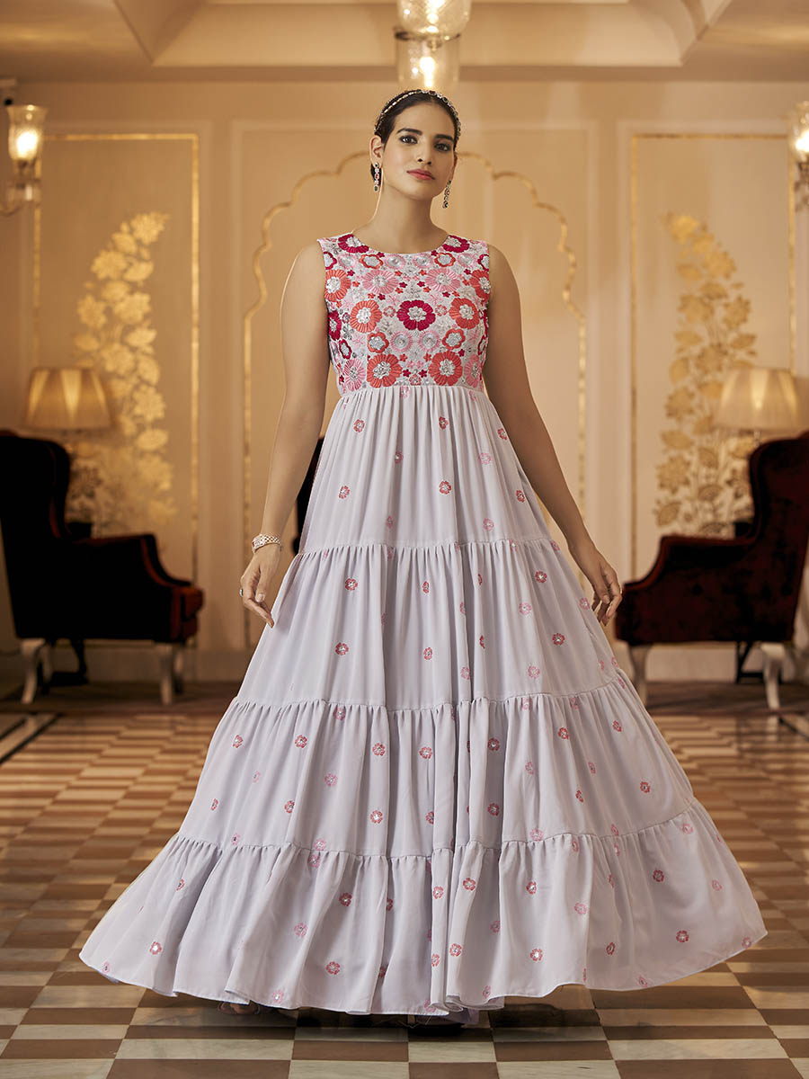 Myra Grey Georgette Embroidered Gown - Distacart