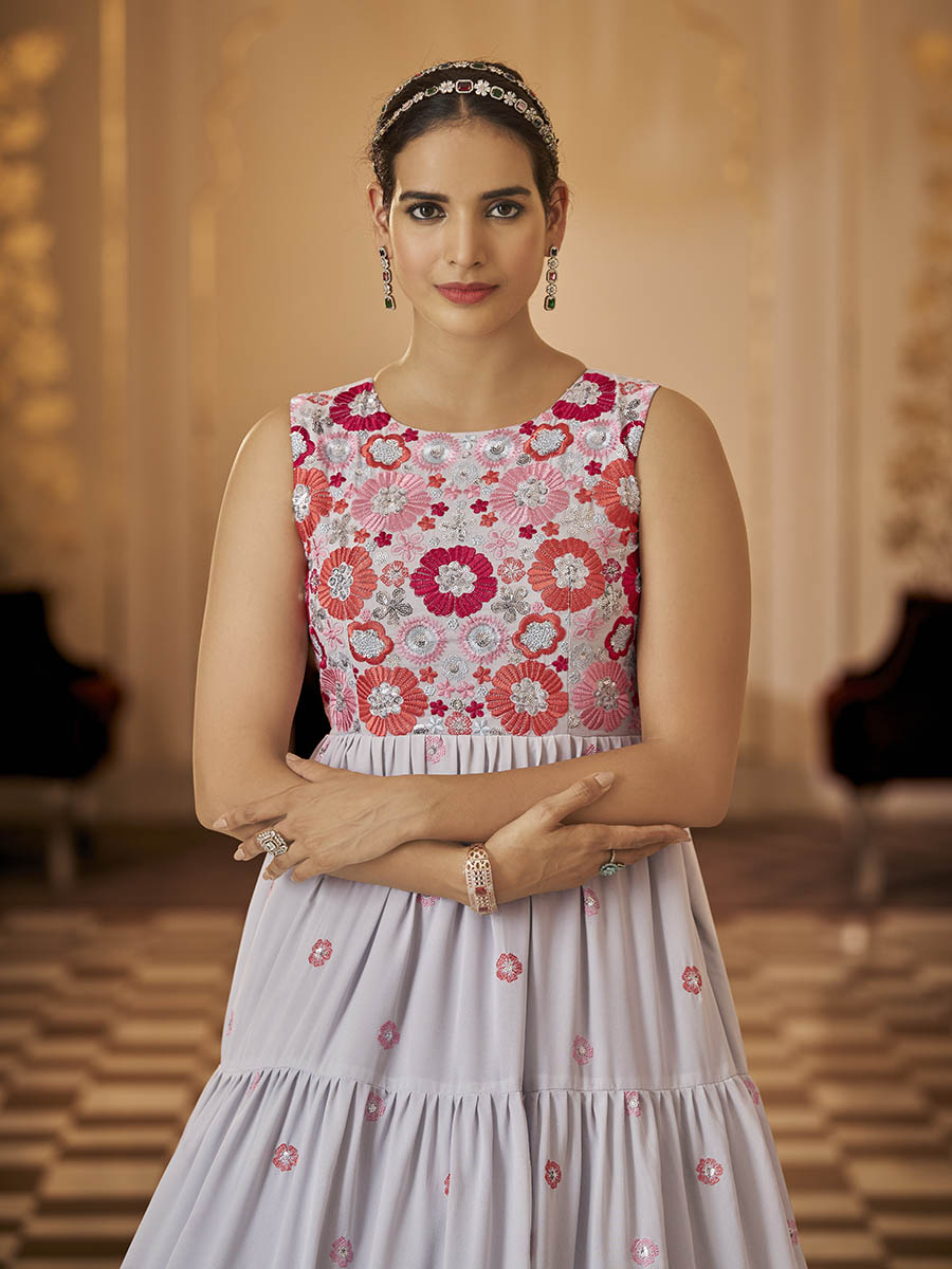 Myra Grey Georgette Embroidered Gown - Distacart