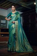 Vardha Teal Blue Golden Zari Kanjeevaram Silk Saree