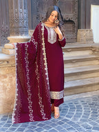 The52 Wine Embroidered Viscose Fabric Straight Kurta, Pant and Dupatta Set - Distacart