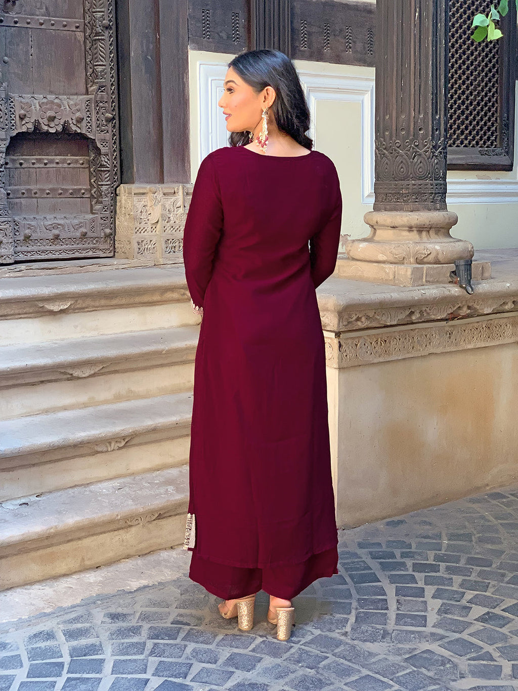 The52 Wine Embroidered Viscose Fabric Straight Kurta, Pant and Dupatta Set - Distacart
