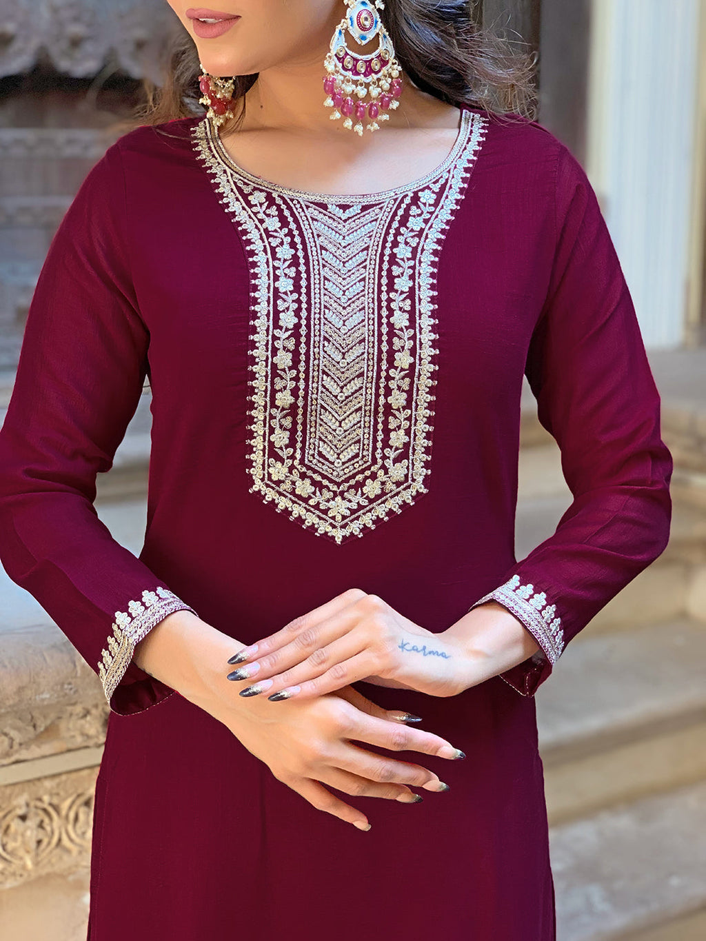The52 Wine Embroidered Viscose Fabric Straight Kurta, Pant and Dupatta Set - Distacart