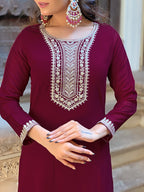 The52 Wine Embroidered Viscose Fabric Straight Kurta, Pant and Dupatta Set - Distacart