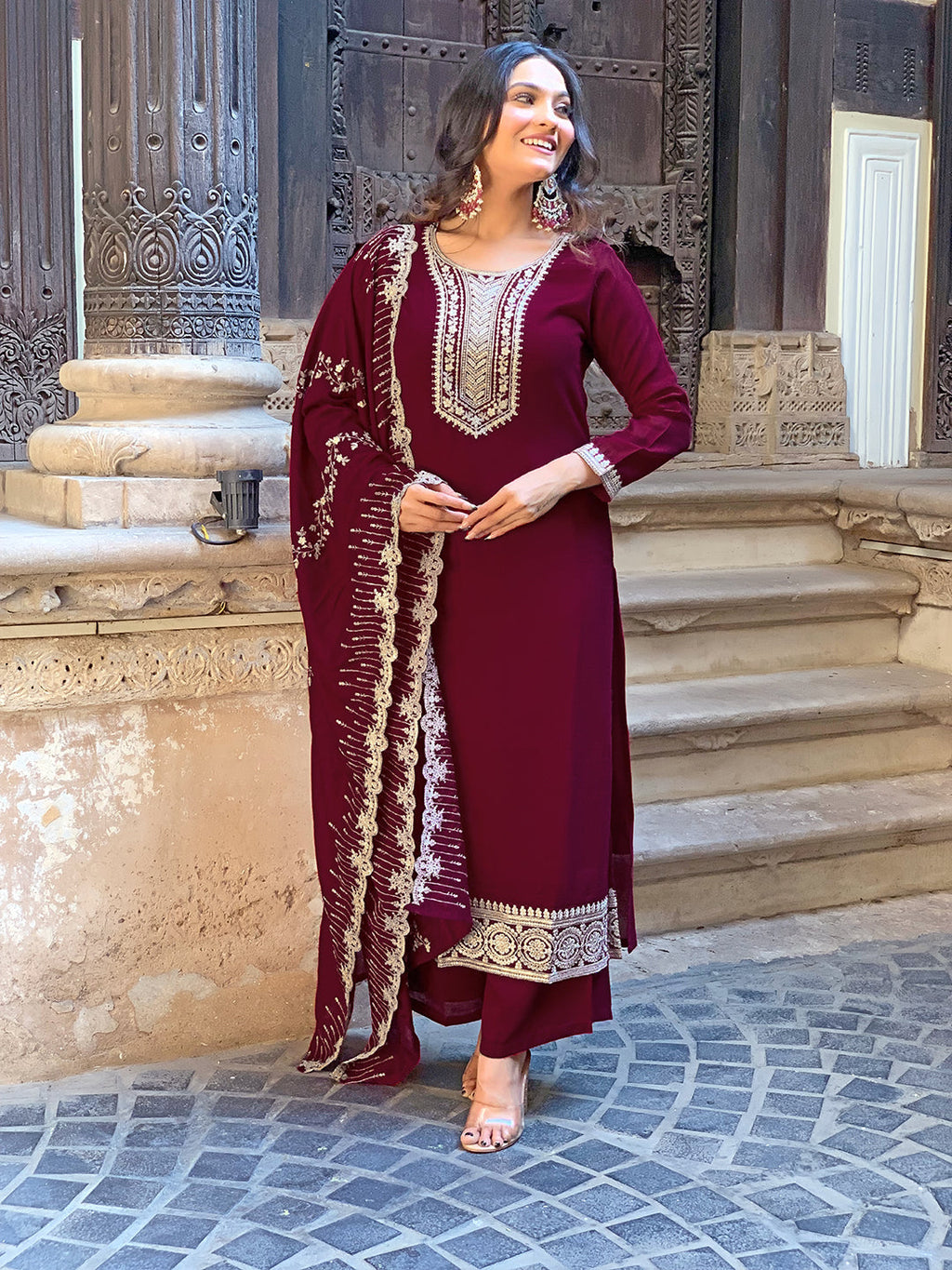 The52 Wine Embroidered Viscose Fabric Straight Kurta, Pant and Dupatta Set - Distacart