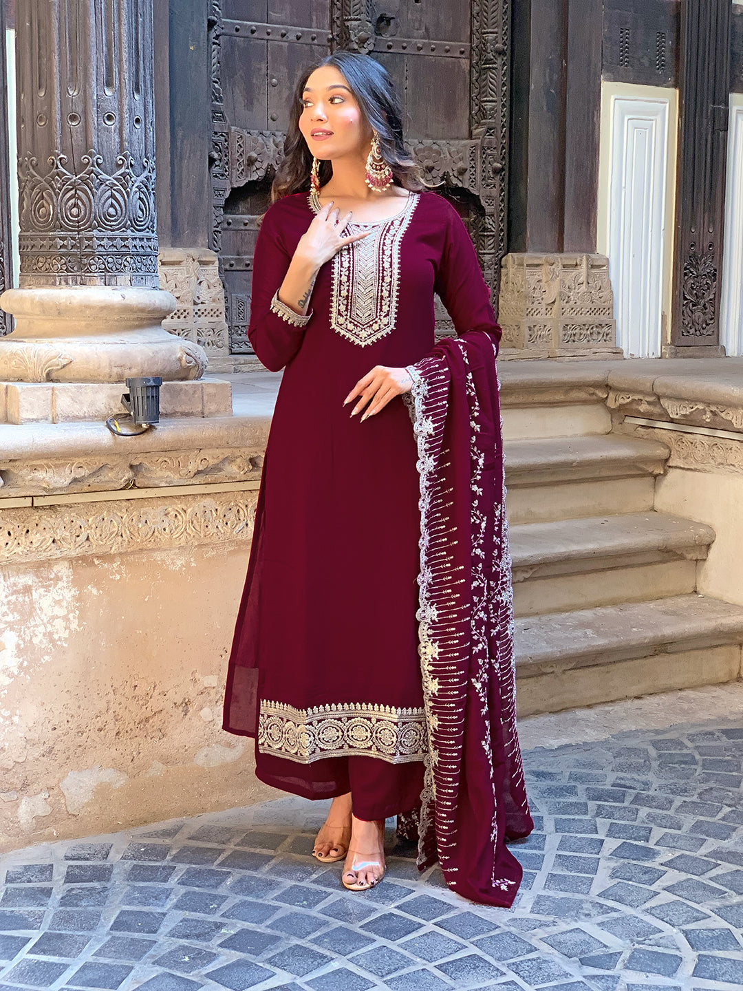 The52 Wine Embroidered Viscose Fabric Straight Kurta, Pant and Dupatta Set - Distacart
