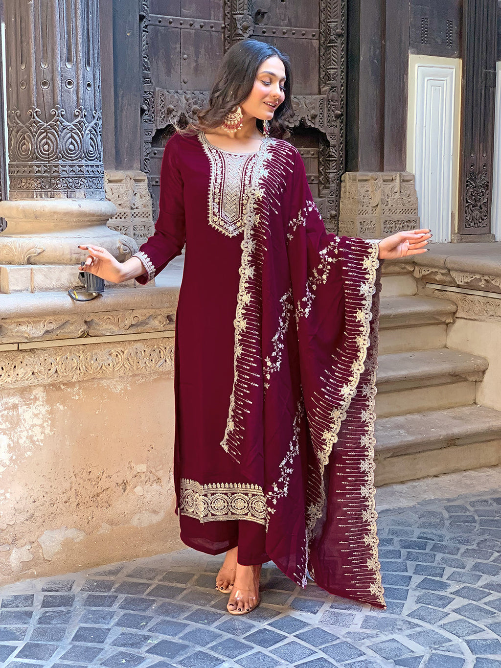 The52 Wine Embroidered Viscose Fabric Straight Kurta, Pant and Dupatta Set - Distacart