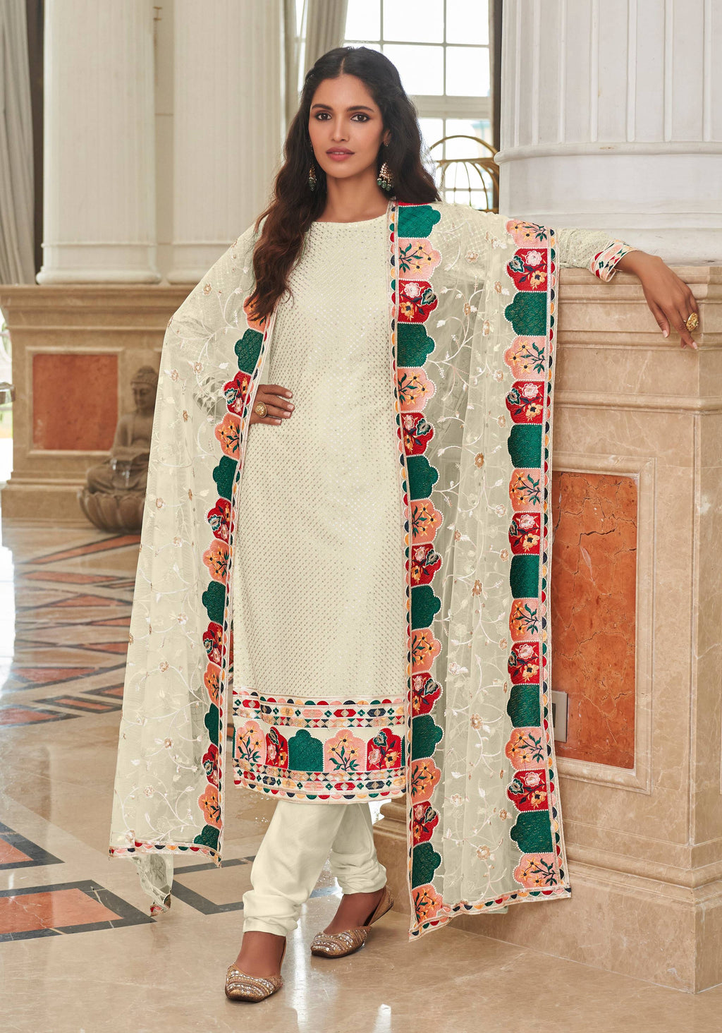 Monjolika Fashion Cream Embroidered Georgette Churidar Salwar Suit - Distacart
