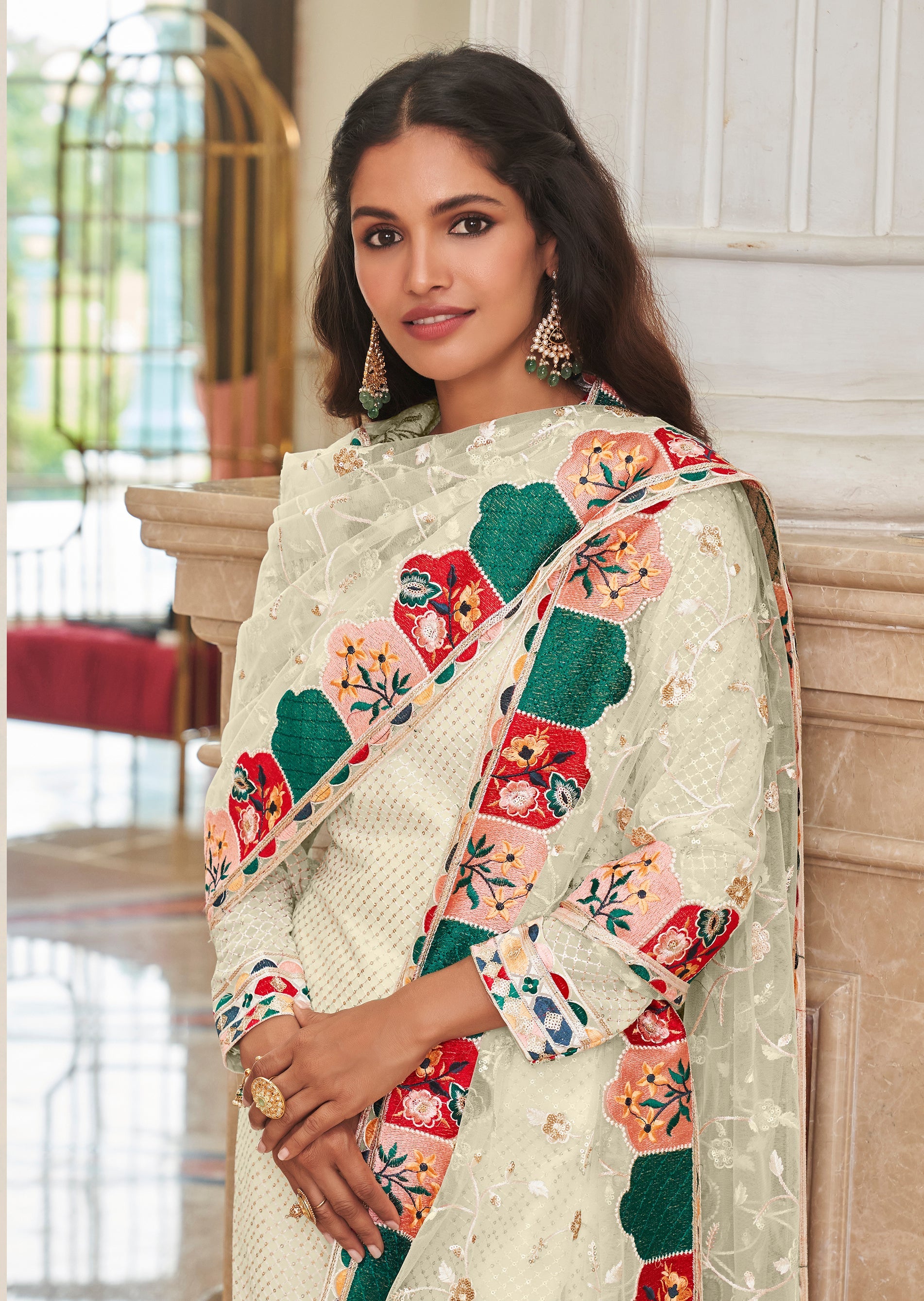 Monjolika Fashion Cream Embroidered Georgette Churidar Salwar Suit - Distacart