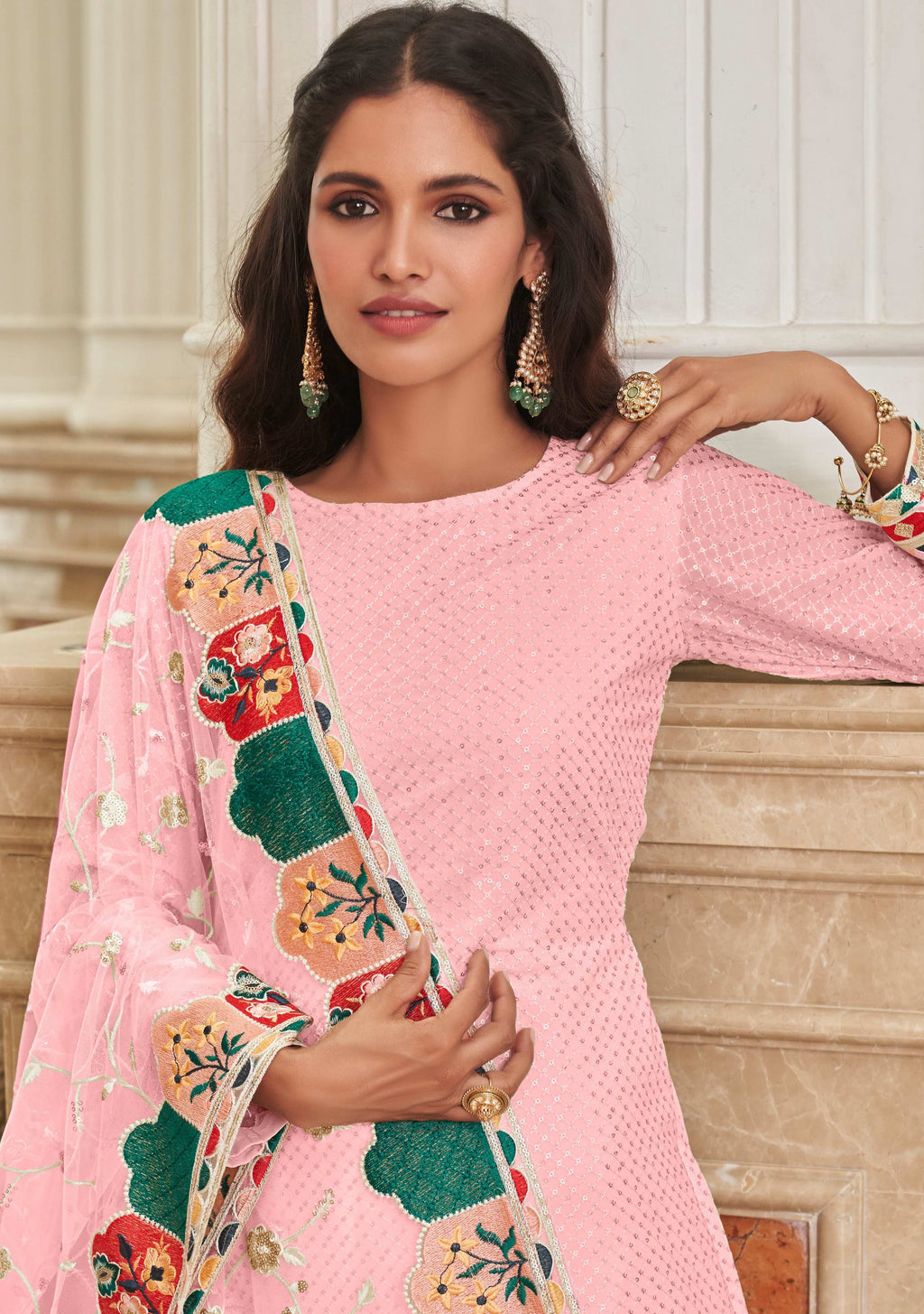 Monjolika Fashion Light Pink Embroidered Georgette Churidar Salwar Suit - Distacart